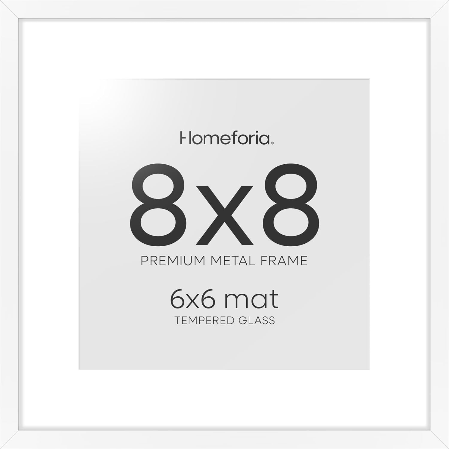 Homeforia 8x8 White Picture Frame, High End Metal 8 x 8 Square Photo Frames with Mat 6 by 6, 8x8 Poster Frame Matted to 6x6 inch Print, 8by8 Wall or Tabletop Frames, Tempered Glass, Wall Kit, Set of 1