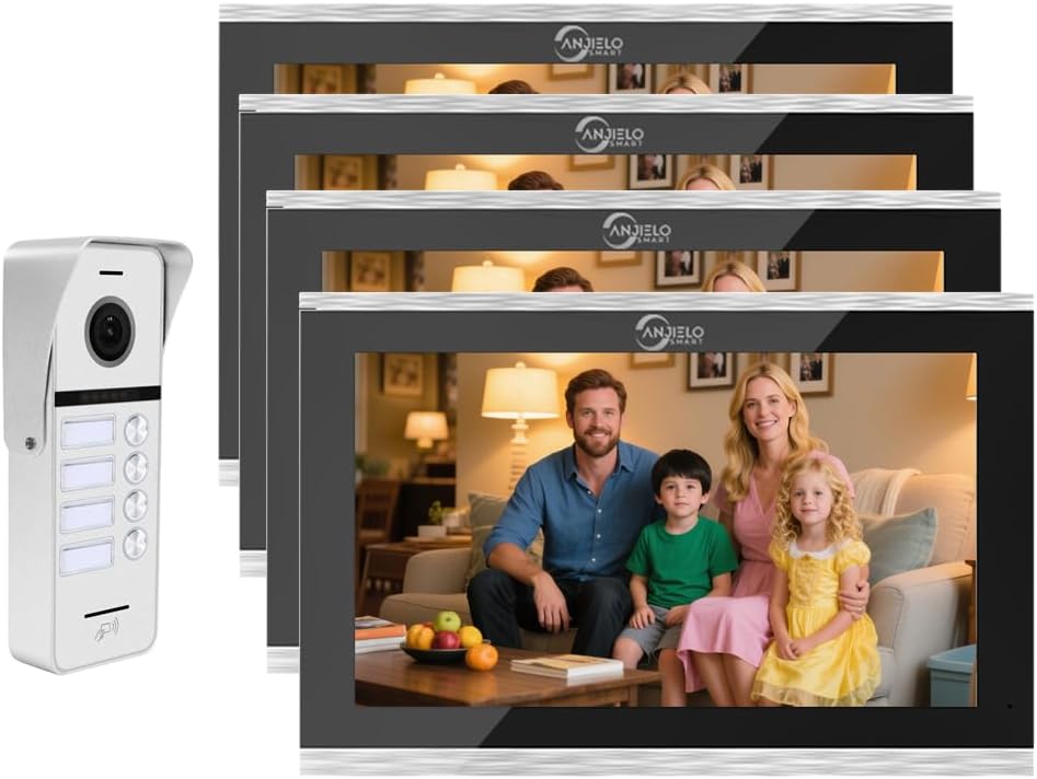 ANJIELO SMART Wired Video Doorbell Apartment Intercom System,4 Family Units 10 Inch Touch Monitor,3 in 1 Unlocking,Dual Way Intercom Motion Detection Tuya for Villa Home (1 Doorbell(w)+ 4 Monitor(s))