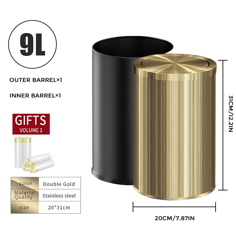 9 Liter/2.4 Gallon, Gold Trash can with Swing lid, Brass Small Trash can, Gold Trash Bin with Lid for Office, Living Room,Bathroom，Restaurant Bathroom
