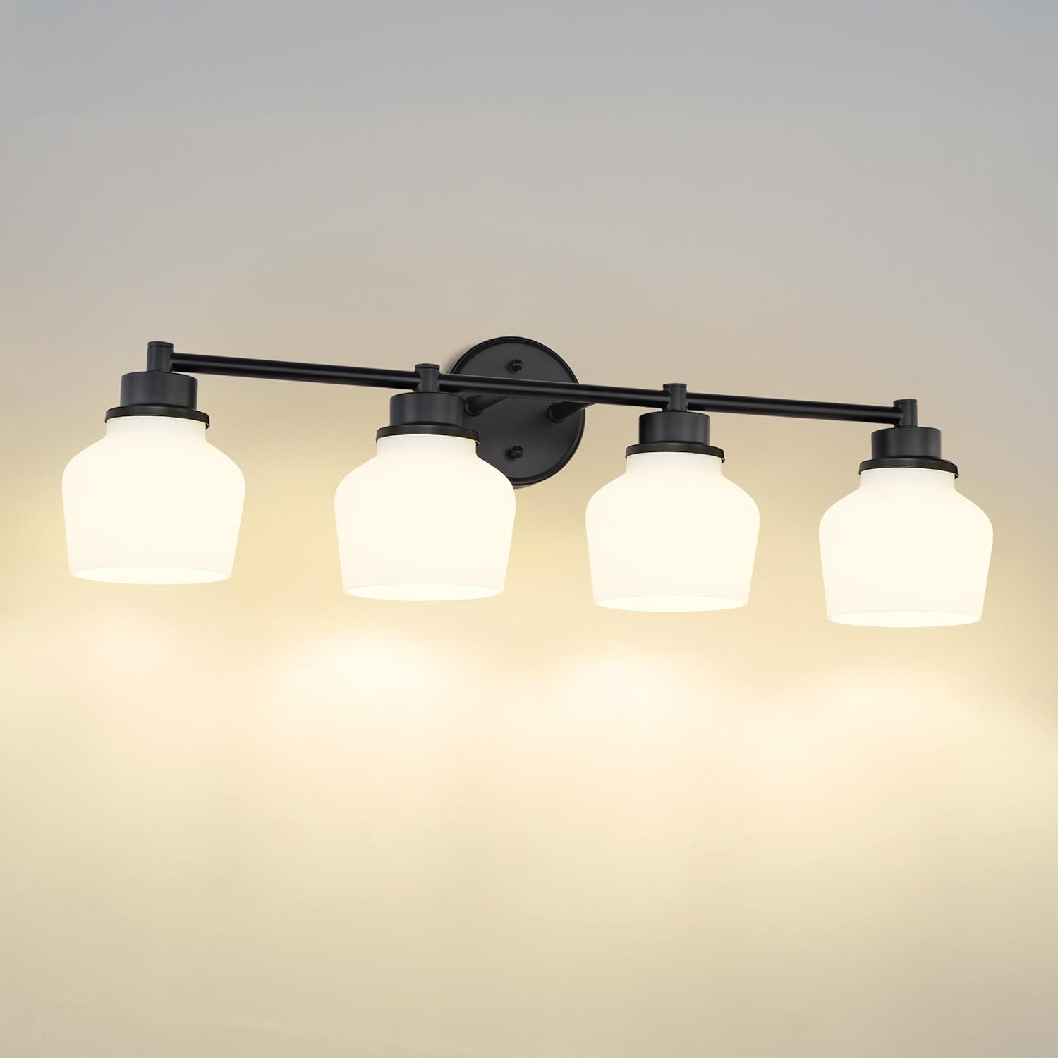 Emak 29 Inch Black Vanity Light, Farmhouse Bathroom Light Fixtures Wall Sconces with Milk Glass Shade, 4-Light Vanity Lights for Bathroom, Mirror, VL122-BK-ML-4