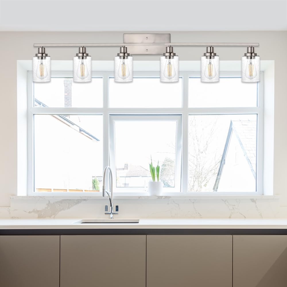 6-Lights Bathroom Vanity Light Fixtures with Seeded Glass Lampshades, 45.3-Inches Length Modern Brushed Nickel Wall Light Fixture for Kitchen Bathroom Lighting