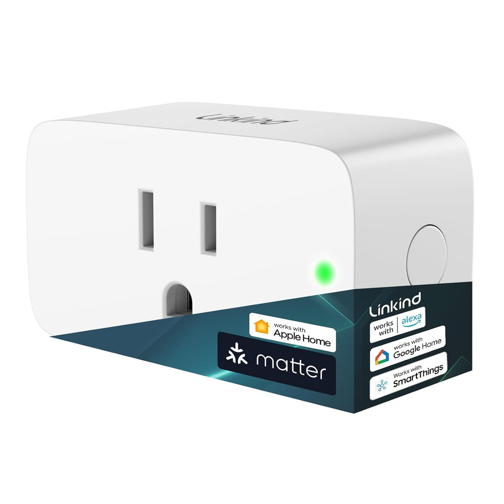Linkind Matter Smart Plug, Work with Apple Home, Siri, Alexa, Google Home, SmartThings, Smart Outlet 15A/1800W Max, Smart Home Automation, APP Remote Control,Timer&Schedule, 2.4G Wi-Fi Only, 1 Pack