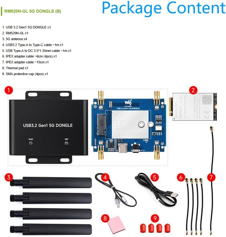 5G DONGLE Expansion Board, USB 3.2 Port, M.2 Key B Interface, Quad Antennas, Aluminum Alloy Case, with Qualcomm RM520N-GL 5G Sub-6G Module, Global Applicable @XYGStudy (RM520N-GL 5G DONGLE (B))