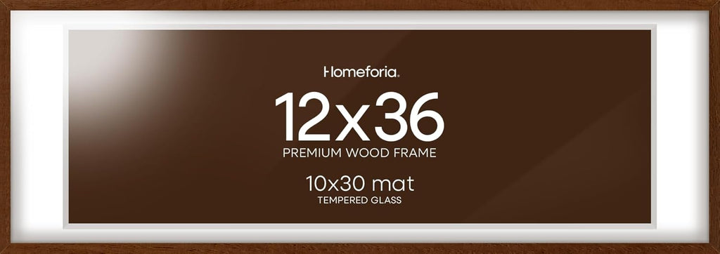 Homeforia 12x36 Picture Frame Brown, High End Dark Oak 12x36 Walnut Wood Poster Frame with Mat 10x30 Art, 12 x 36 Wooden Frame Matted to 10 x 30 Photo, 36x12 Frames, Tempered Glass, Wall Kit, Set of 1