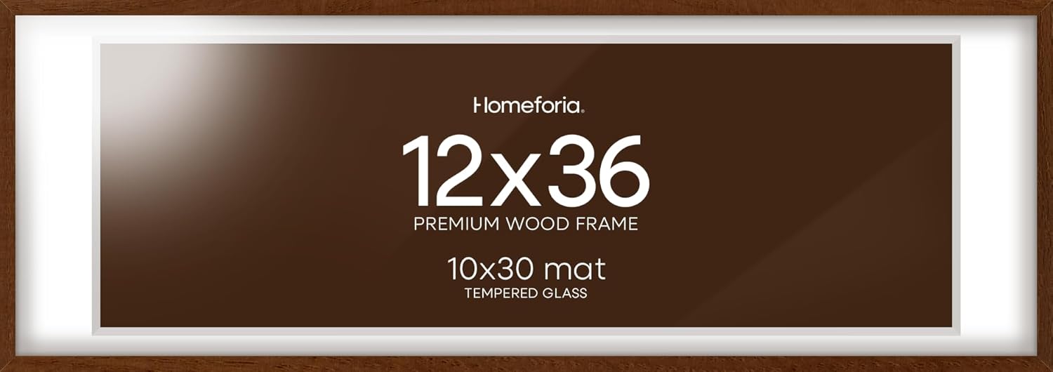 Homeforia 12x36 Picture Frame Brown, High End Dark Oak 12x36 Walnut Wood Poster Frame with Mat 10x30 Art, 12 x 36 Wooden Frame Matted to 10 x 30 Photo, 36x12 Frames, Tempered Glass, Wall Kit, Set of 1