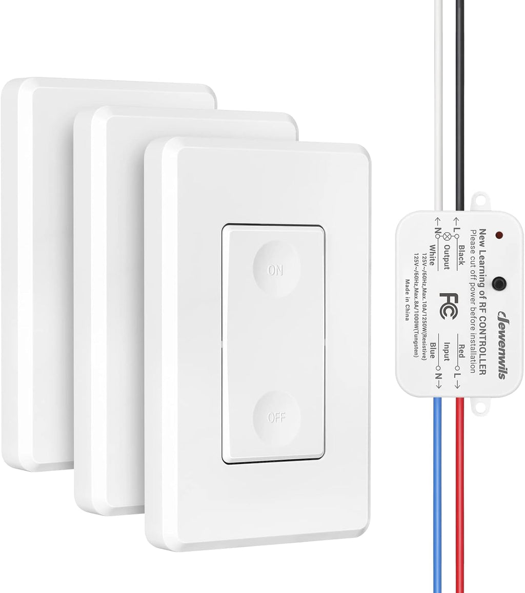 DEWENWILS Wireless Wall Light Switch Kit, 10A/1200W, No WiFi Needed Remote Control Switch for Small Appliance, Lamps, Lighting Fixture, No in-Wall Wiring, Long RF Range, 3 Pack Switches+1 Receiver
