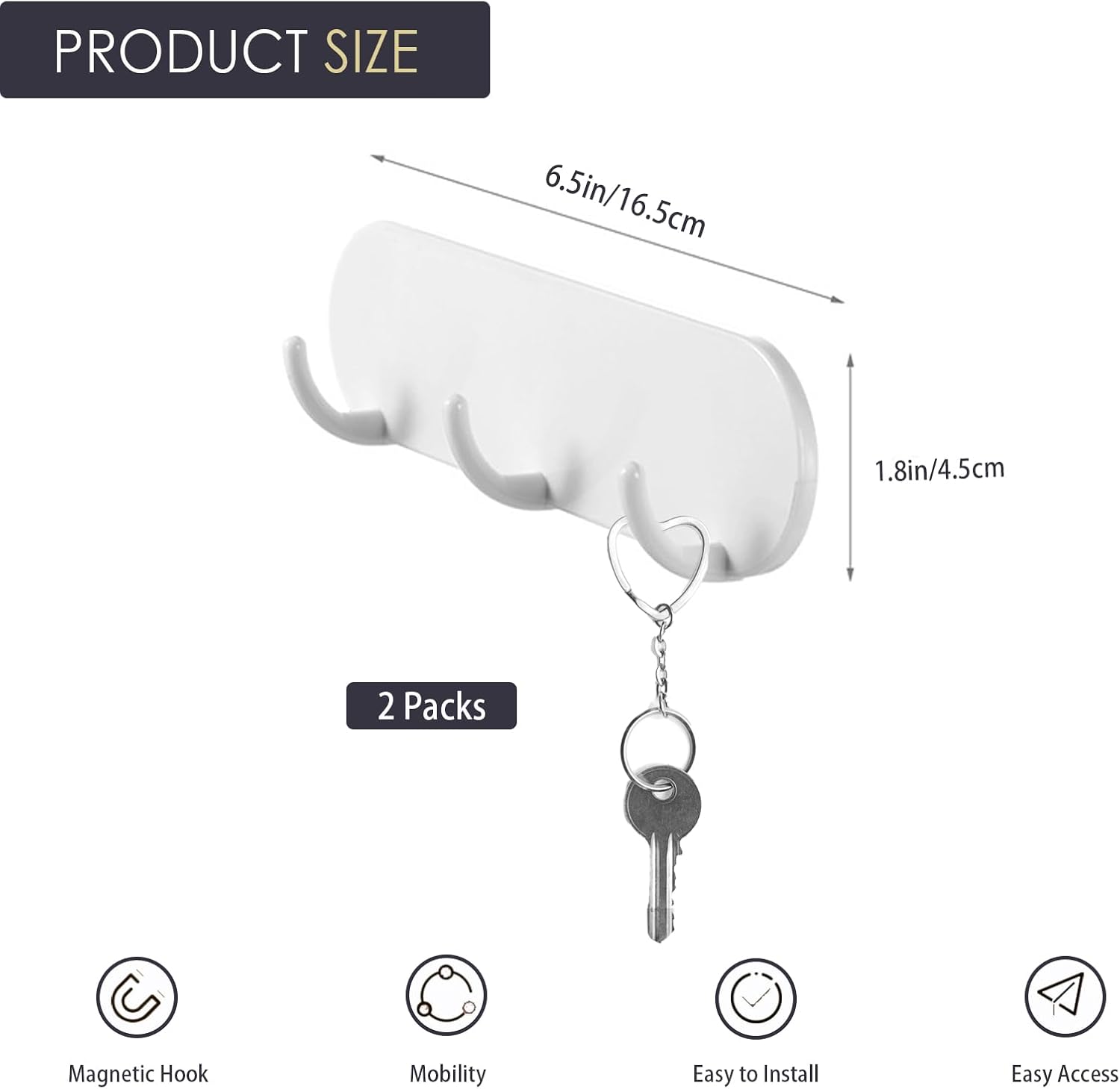 2-Pack Magnetic Key Holder with 3 Hooks for Refrigerator, Kitchen, and Laundry Rooms