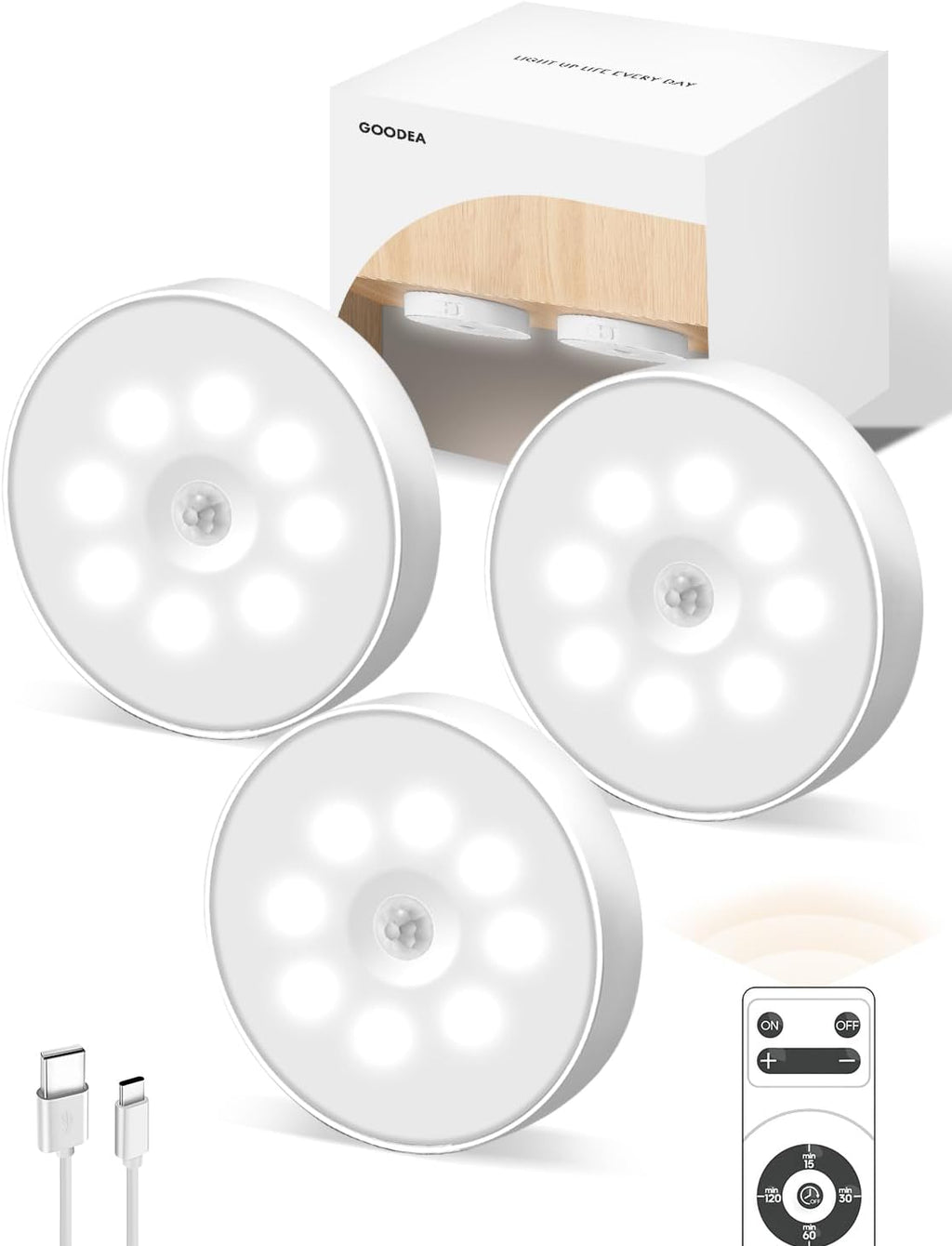 Led Under Cabinet Lights, Motion Sensor Rechargeable Light, 1000mAh Puck Lights with IR Remote, Under Counter Lights for Kitchen,cabinets,Closet,Stairs Indoor