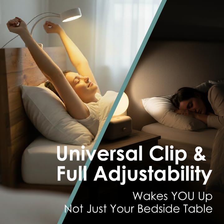 Clipable Sunrise Alarm Clock for Heavy Sleepers, Adjustable Sunlight Wake-Up Light with Music & White Noise, Gentle Gradual Brightening Lamp for Kids & Adults, for Bedroom, Travel or Dorm