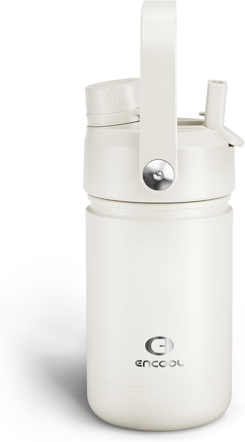 Kids Insualated Water Bottle with Straw - 12oz Stainless Steel Water Bottle with Dual Spouts, Leak-Proof, BPA-Free, Double Wall Vacuum Keeps Cold for 24 Hours for Sports, Travel, School (Cream Moon)
