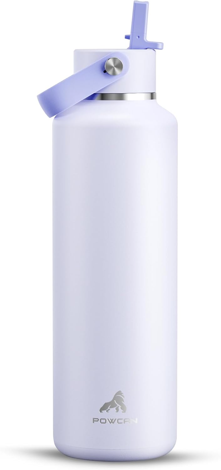 POWCAN 24 oz Slim Insulated Water Bottle: Leakproof, Lightweight, Cold for 24H, Double Walled Stainless Steel Water Bottle with Straw for Travel, Hiking, Biking, Sport, Outdoors (Lupine Haze)
