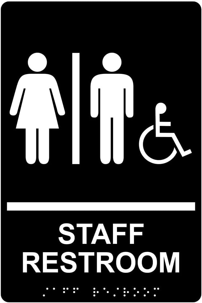 ComplianceSigns.com Staff Restroom Sign, ADA-Compliant Braille and Raised Letters, 9x6 inch White on Black Acrylic with Adhesive Mounting Strips, American Made Safety Signs for the Workplace
