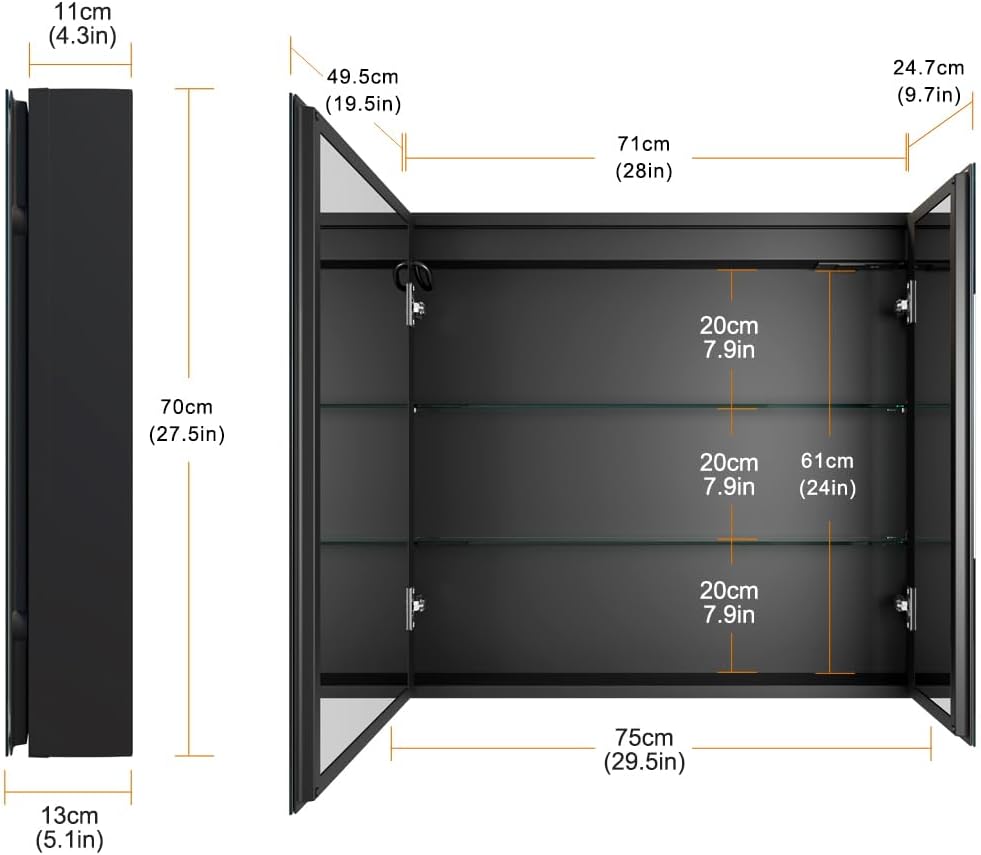 KWW 30 x 28 Inch Double Doors LED Lighted Bathroom Medicine Cabinet, Defogger, Dimmable, 3 Color Light Makeup Mirror, Outlets & USBs, Easy to Install, Wall Mounted Mirror Cabinet