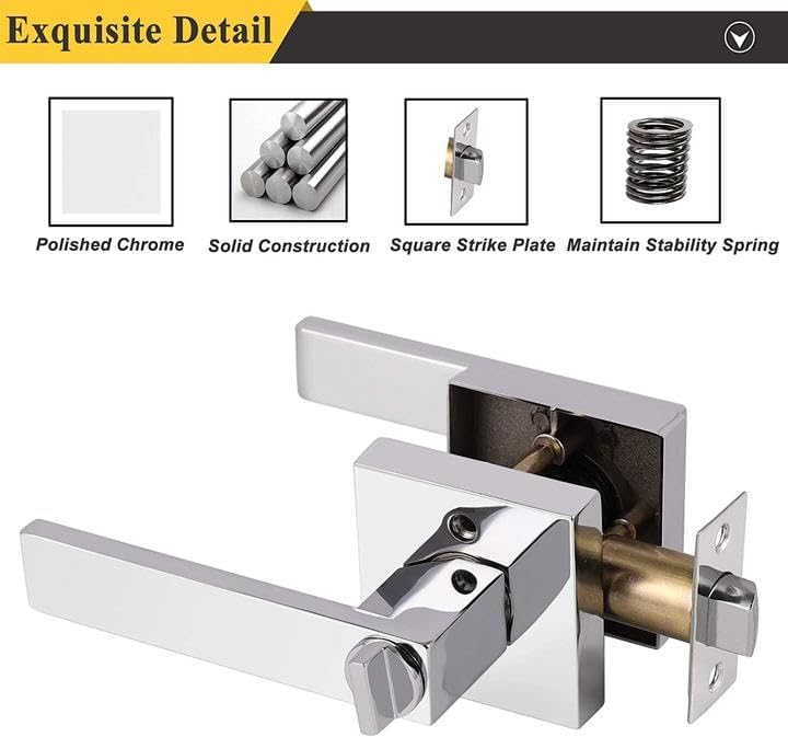 Probrico 2 Pack Privacy Lever Door Handles Square Locking Leverset [for Bedroom or Bathroom] Reversible for Right & Left Sided Doors Heavy Duty - Polished Chrome