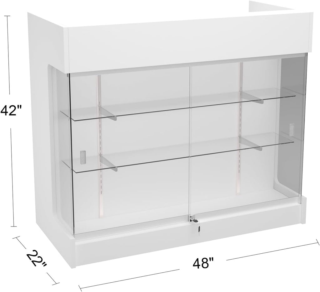 48" W x 22" D x 42" H - Retail Sales Counter with Adjustable Glass Shelves, Tempered Glass，White Laminated Particle Board, Locking Drawers