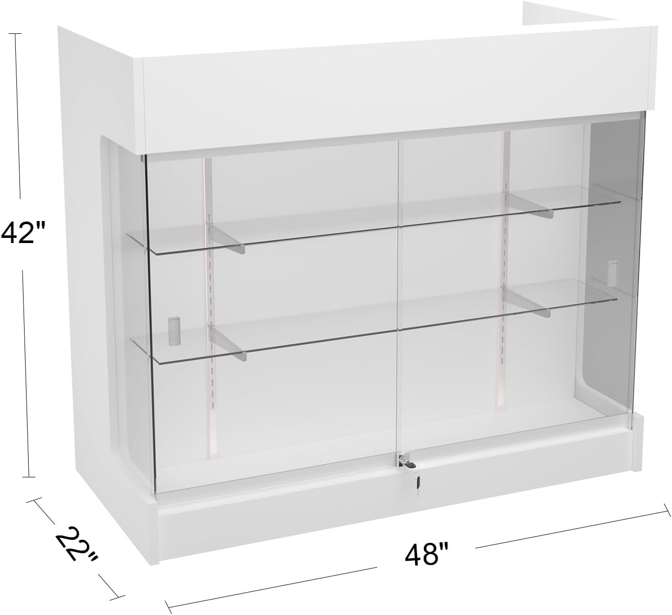 48" W x 22" D x 42" H - Retail Sales Counter with Adjustable Glass Shelves, Tempered Glass，White Laminated Particle Board, Locking Drawers