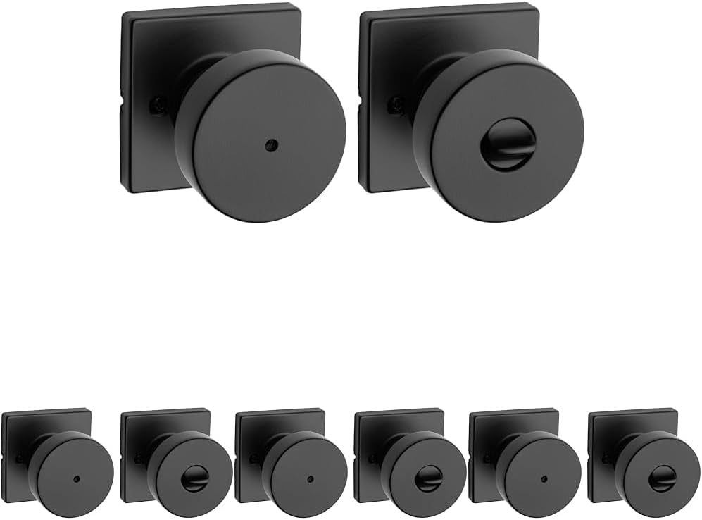 Kwikset Pismo Interior Privacy Door Knob with Lock, Door Handle for Bathroom and Bedroom, Matte Black Keyless Turn Lock Doorknob, with Microban Protection, Square Rose (Pack of 4)