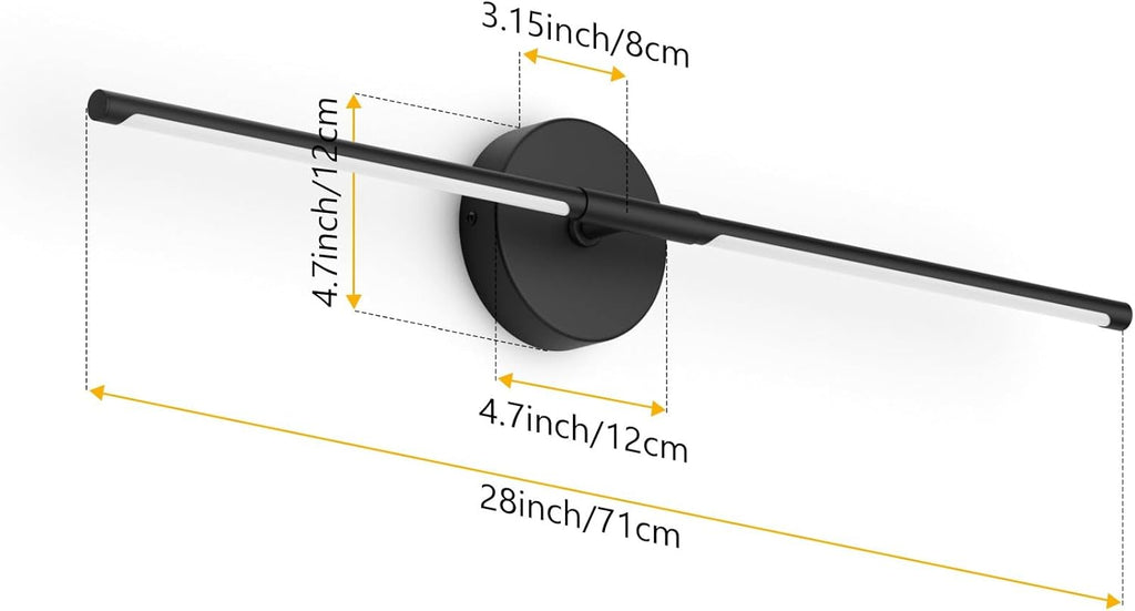 Black Wall Sconce for Bathroom 28In Hardwired Vanity Light Fixture 3000K Indoor Bathroom Sconce Over Mirror 360° Rotate for Living Room