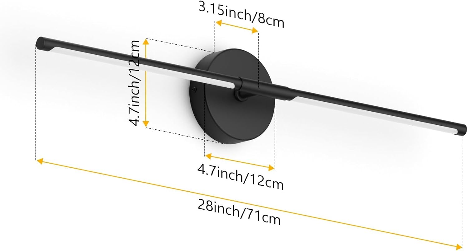 Black Wall Sconce for Bathroom 28In Hardwired Vanity Light Fixture 3000K Indoor Bathroom Sconce Over Mirror 360° Rotate for Living Room