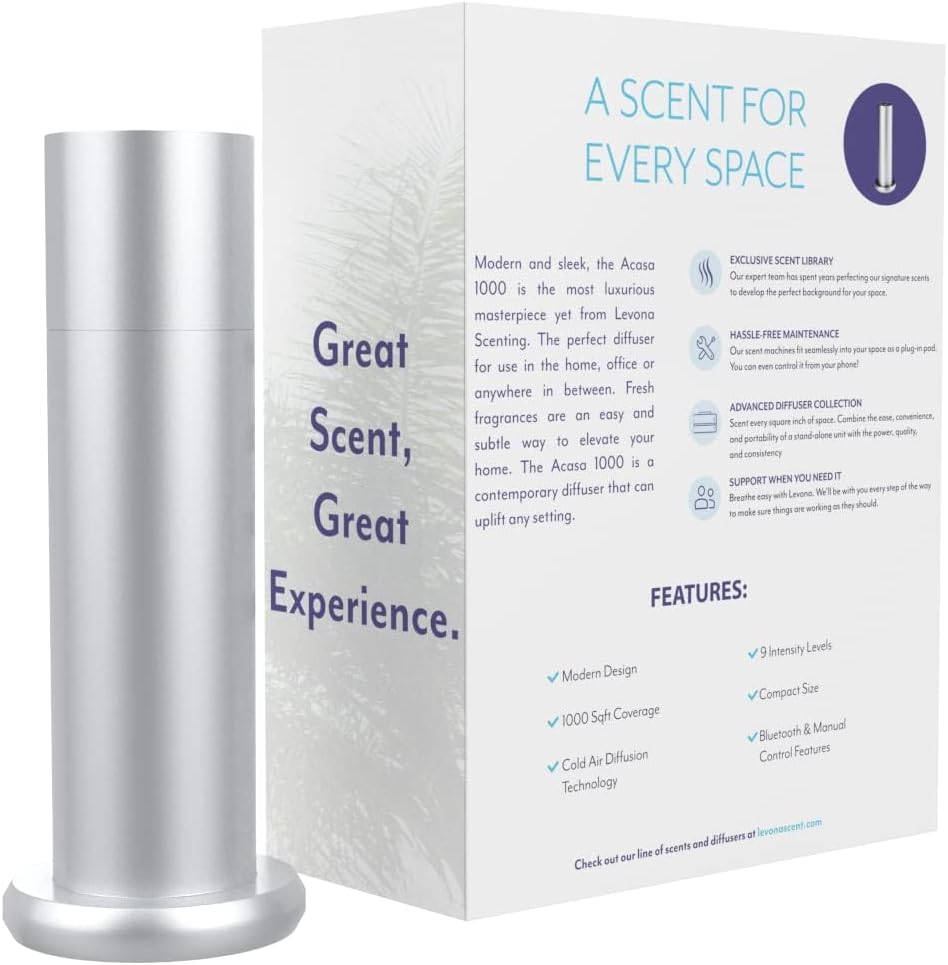 Levona Scent Waterless Diffuser - Essential Oil Aroma Smart Plug-in, Portable Scent Machine for Residential Space & Hotel, Covers 1000sqft - Acasa1000, Brushed Silver (With 120ml Oil & Cleaning Cloth)