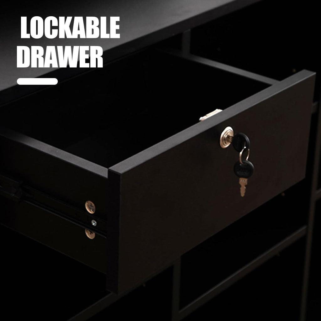 48" W x 22" D x 42" H - Retail Sales Counter with Adjustable Glass Shelves, Tempered Glass, Black Laminated Particle Board, Locking Drawers