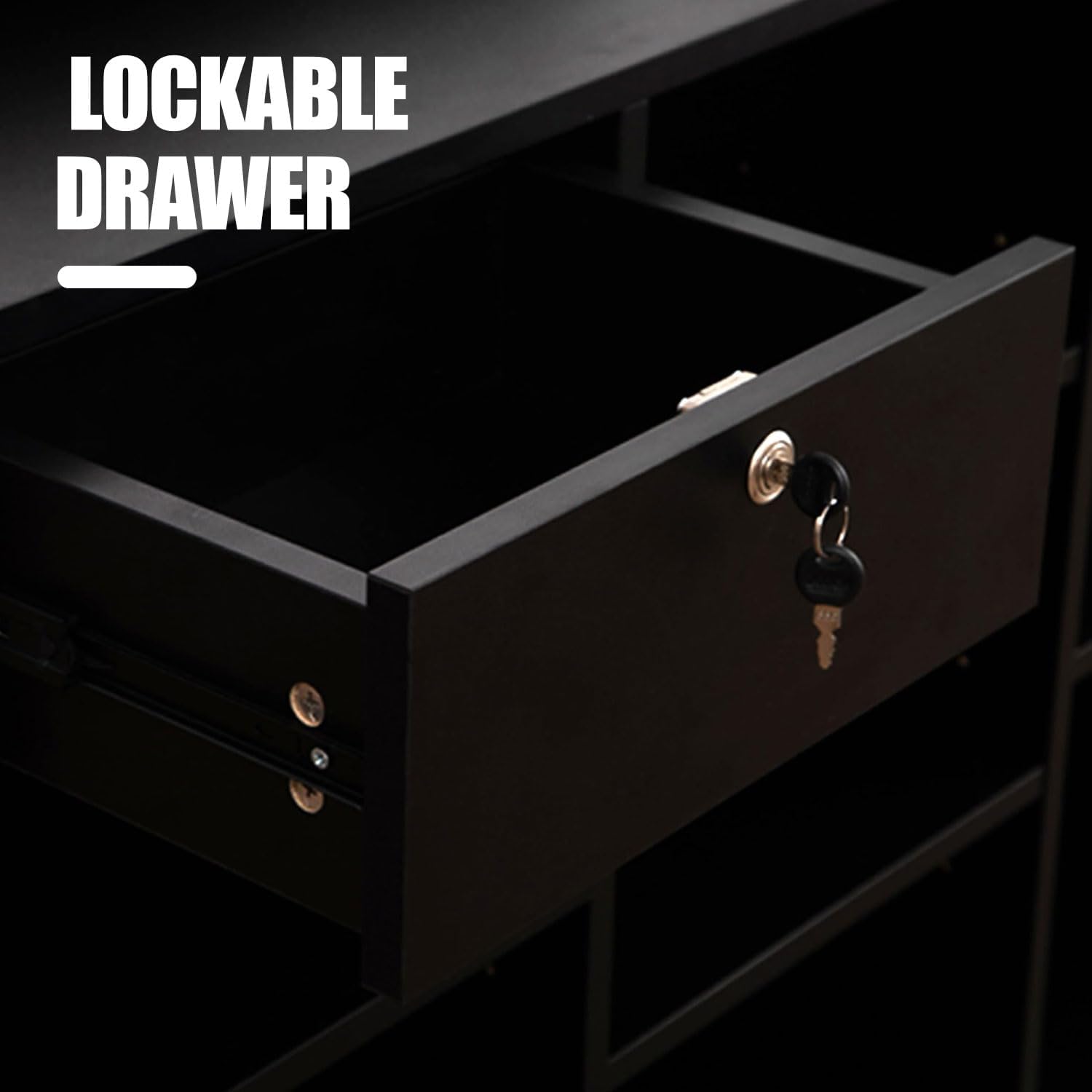 48" W x 22" D x 42" H - Retail Sales Counter with Adjustable Glass Shelves, Tempered Glass, Black Laminated Particle Board, Locking Drawers