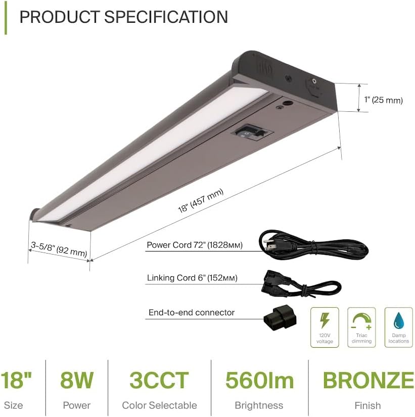 ASD Swivel LED Under Cabinet Lighting Bronze, 18 Inch 8W, Hardwired or Plug-in, 2700K/3000K/4000K, Hi/Low Switch, Rotatable Lens, Dimmable Linkable Under Counter Light for Kitchen, ETL & Energy Star