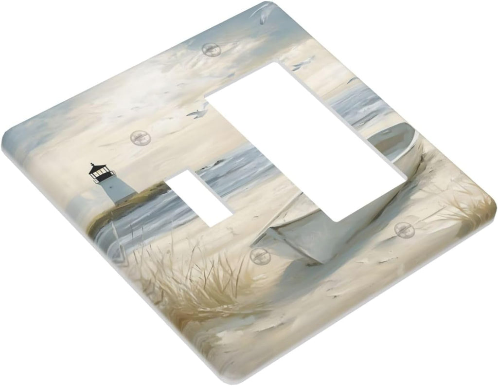 Decorative Outlet Covers Seascape Painting with Lighthouse Boats 2 Gang 1 Gang Wall Plate Single Toggle Rocker Light Switch Covers Switch Plate Cover for Bedroom Home Decor