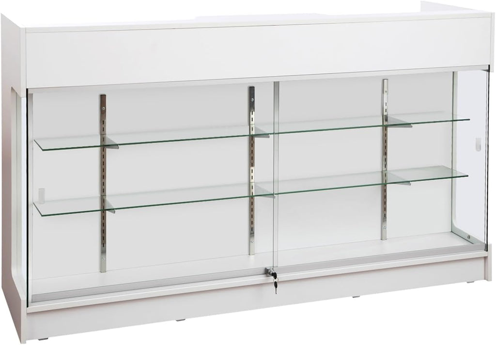 72" W x 22" D x 42" H - Ledgetop Checkout Counter with Glass Showcase View Front, White Wooden Cash Register Stand with Showcase,Retail Glass Display Cabinet Counter