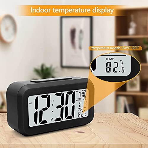 Digital Alarm Clock with LCD Display, Desk Smart Electronic Small Clock with Indoor Temperature, Date, Light Sensor, Backlight, Battery Operated, for Home Bedroom Kids Office (Black)