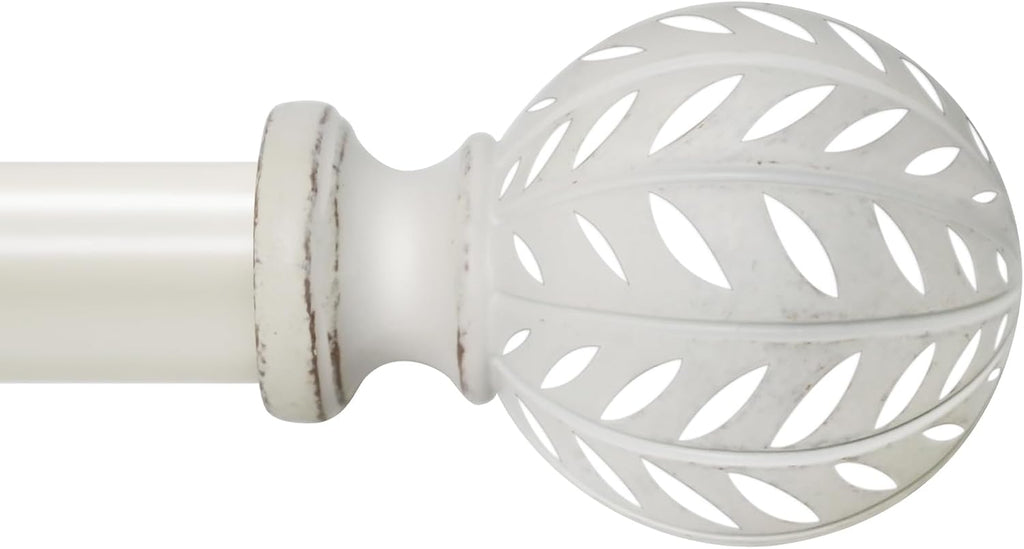 Weathered White Curtain Rod for Windows 48 to 84 Inches(4-7 ft)，1'' Diameter Heavy Duty Adjustable Curtain Rod with Leaf Pattern Finials - for Living Room, Bedroom,etc 36-88''