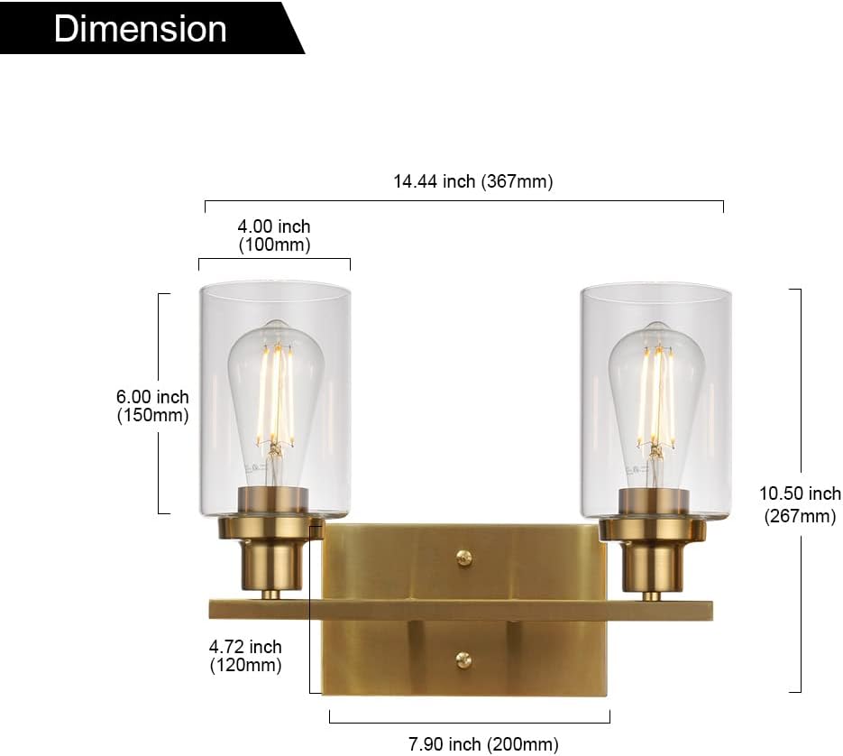 MELUCEE 2-Light Wall Sconce Brushed Brass Vanity Light Fixture Modern Style with Clear Glass Shade for Bathroom Hallway Bedroom Living Room Kitchen