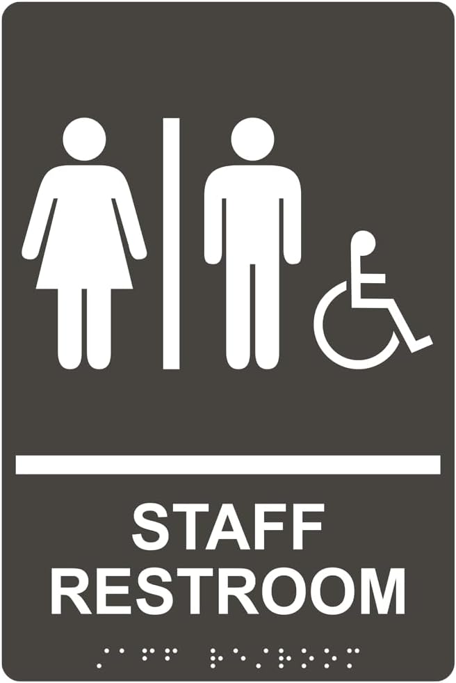 ComplianceSigns.com Staff Restroom Sign with ADA-Compliant Braille and Raised Letters, 9x6 in. Charcoal Gray Acrylic with Adhesive Mounting Strips