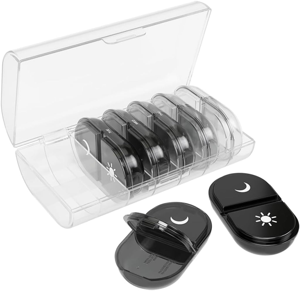 EZY DOSE Weekly (7-Day) Daily Individual AM/PM Pill Organizer with Case, Portable Medication Dispenser, Travel-Friendly Durable Pill Container, 2X Day Compartments for Vitamins and Supplements, Black