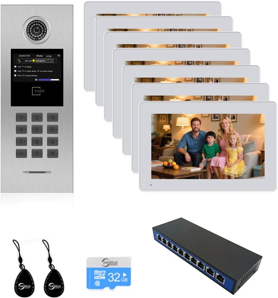 Video Intercom System 5/6/7/8 Unit Wired 7 Inch IP Video Intercom Phone for Apartment Building Security Home Access Control System with Digital Keypad and IC Card (for 7 Family)