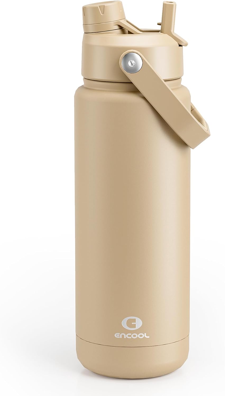 ENCOOL Insulated Water Bottle with Straw Stainless Steel Water Bottle, Leak-Proof, BPA-Free, Double Wall Vacuum Keeps Cold for 24 Hours for Sports, Travel, School (32 oz, Indian Khaki)