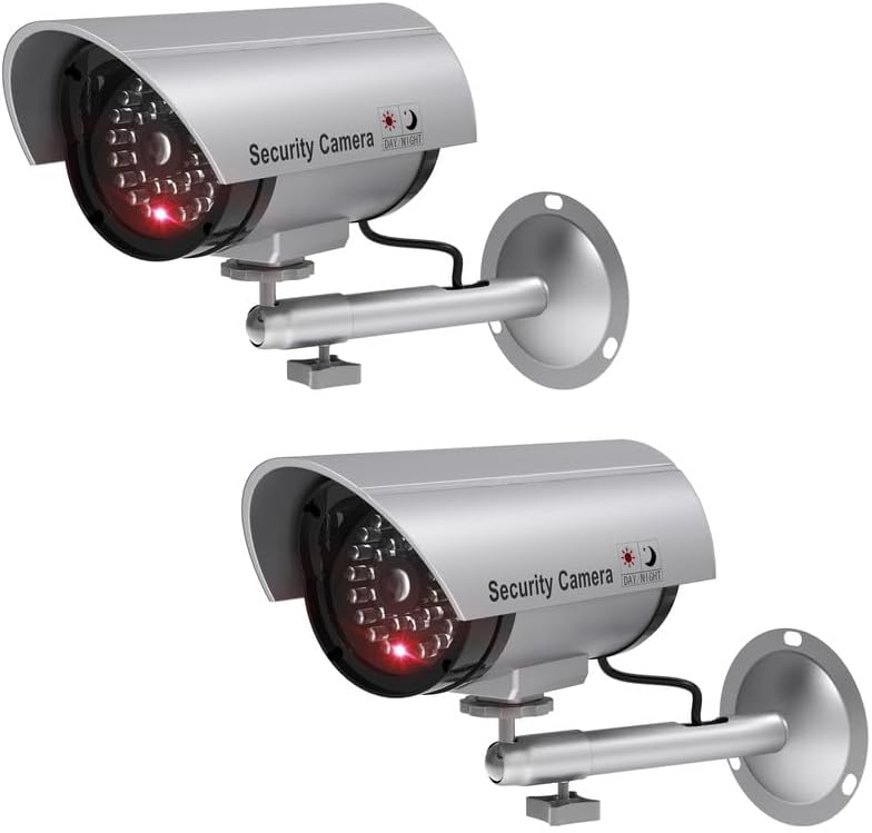 WALI Dummy Fake Camera, Surveillance Security CCTV Dome Camera, Indoor Outdoor Cameras, with One LED Light, Security Alert Sticker Decals (TC-S2), 2 Packs, Silver