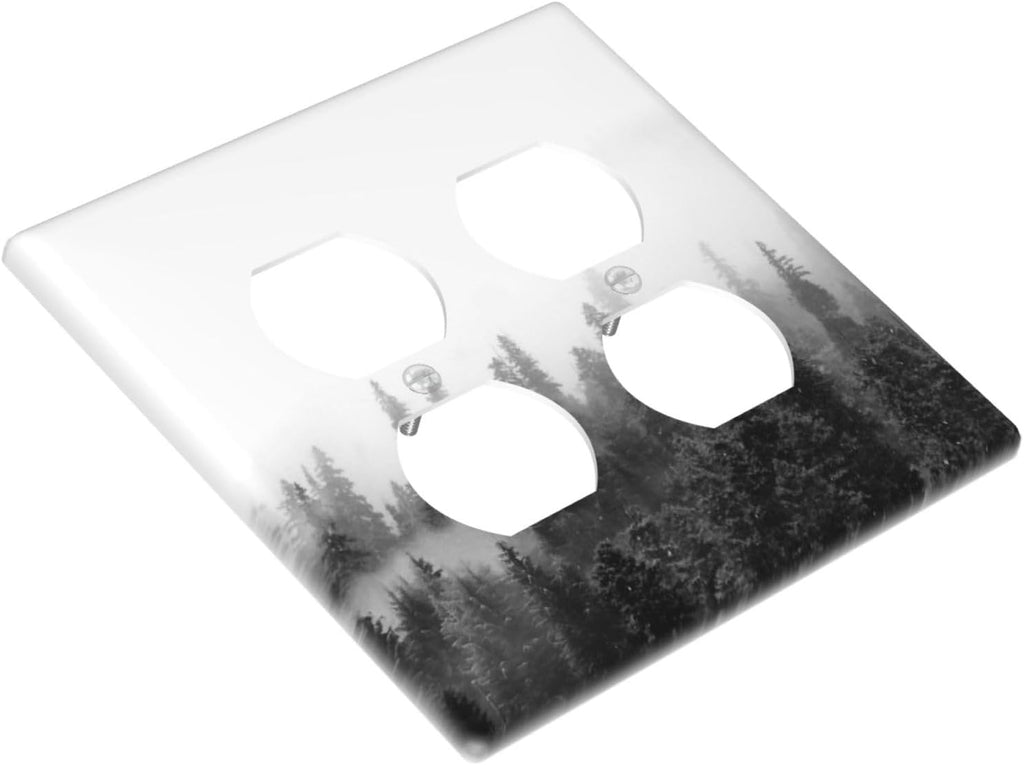 Outlet Covers Fores Black White Landscape Misty Woods 2 Gang Double Duplex Decorative Light Switch Covers Electrical Wallplates Socket Faceplate For Farmhouse Cabin Decor