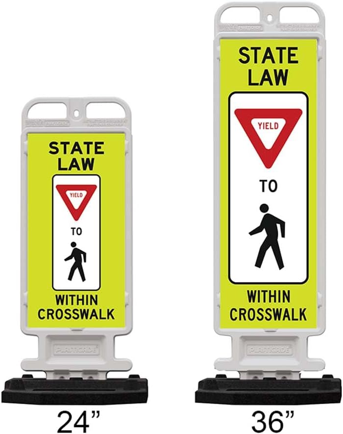 Plasticade Crosscade Crosswalk Sign, 36" Vertical Panel with 12x36 State Law Yield To Pedestrians Sign, Impact-Resistant Rubber Base, Diamond Grade Reflective Background and HIP Sheeting