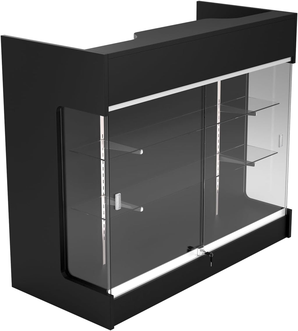 48" W x 22" D x 42" H - Retail Sales Counter with Adjustable Glass Shelves, Tempered Glass, Black Laminated Particle Board, Locking Drawers