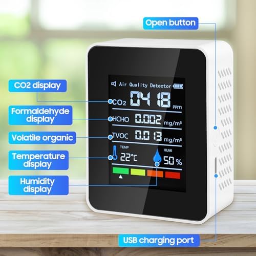 Air Quality Monitor, 5 in 1 Portable Quality Tester, CO2 Detector Air Quality Monitor Indoor, for CO2 | TVOC | HCHO | Temp Humi for Home, Cars Plants,Hotel, Office