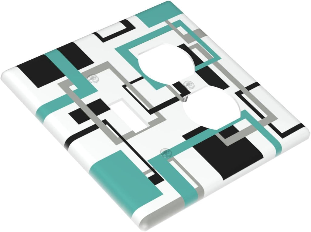 Geometric Turquoise Black Gray Modern Abstract Boho Wallplates 1 Toggle 1 Duplex Switch Plate Electrical GFCI Faceplate Decorative Light Switch Covers for Office Nursery Decor