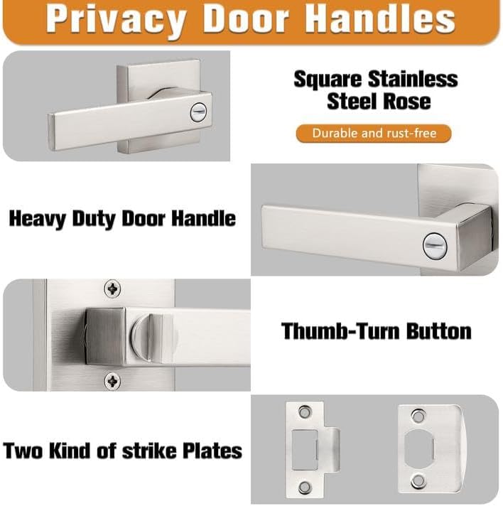 Probrico Interior Brushed Nickel Door Handle, Heavy Duty, Flat Square Privacy Door Handles, Keyless Door Levers Lockset for Bedroom and Bathroom (2 Pack, Modern)