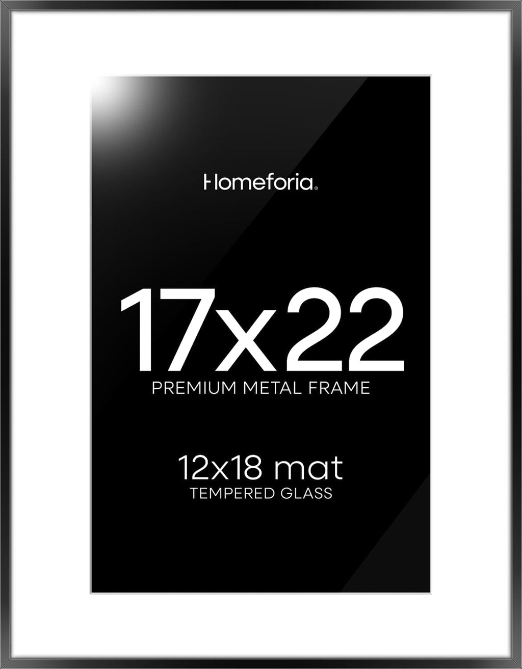 Homeforia 17x22 Picture Frame Black, High End Metal 17x22 Poster Frames with Mat 12x18 for Photo, 17 x 22 Black Frame Matted to 12 x 18 inch Print, 22x17 Thin Frame, Tempered Glass, Wall Kit, Set of 1