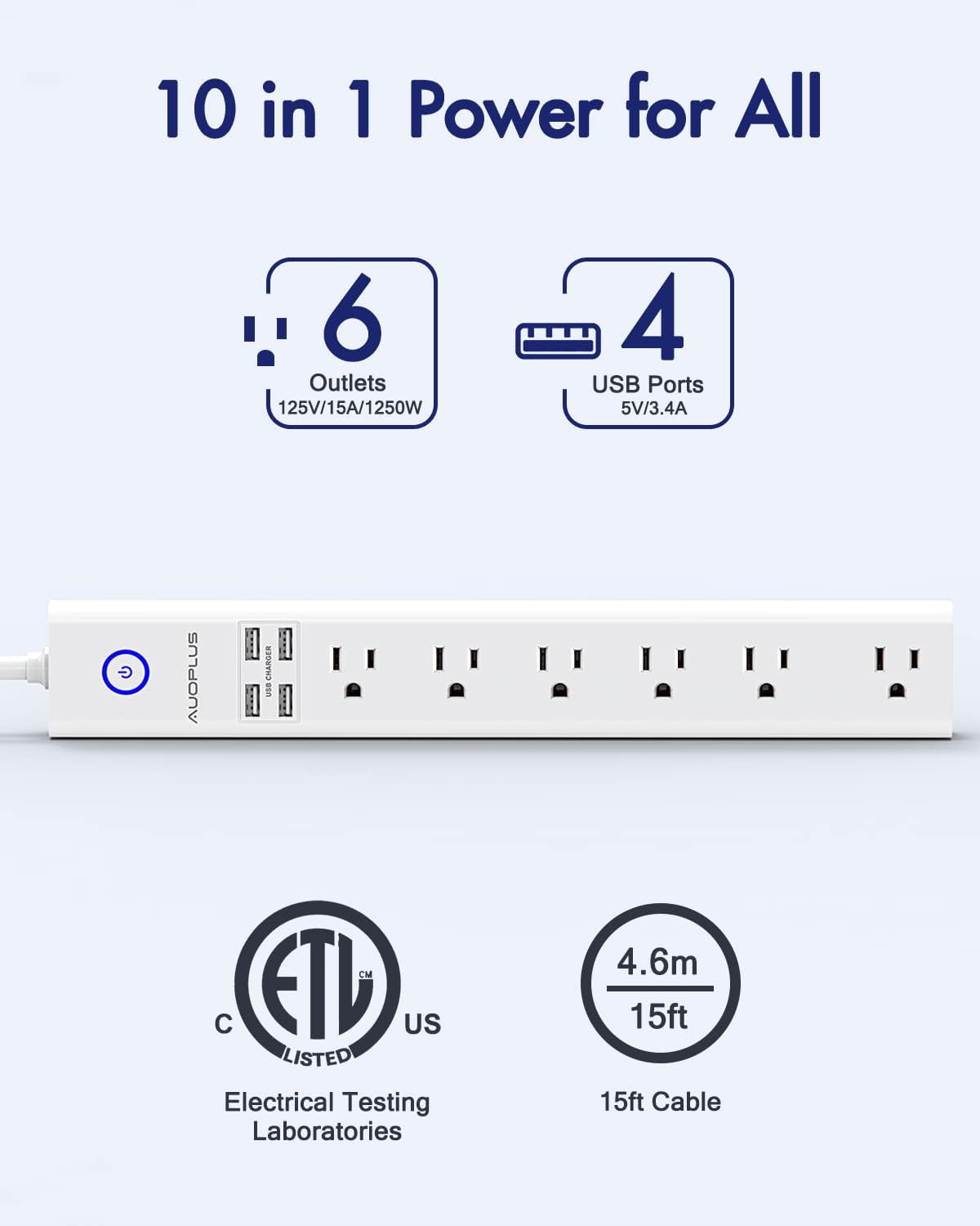 15 Ft Power Strip Surge Protector, 6 Outlets and 4 USB Ports, Flat Plug Power Strips Long Extension Cord with Overload Protection, Wall Mount for Home, Office, Dorm, ETL Listed