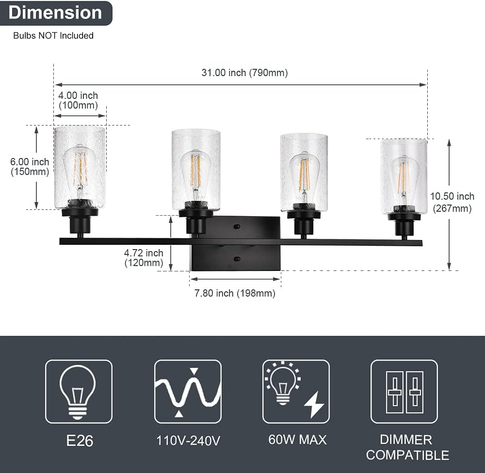 Black 4-Light Bathroom Light Fixtures with Seeded Glass Shade, 31-Inches Length Farmhouse Vanity Lights Over Mirror for Cabinet Kitchen Bedroom