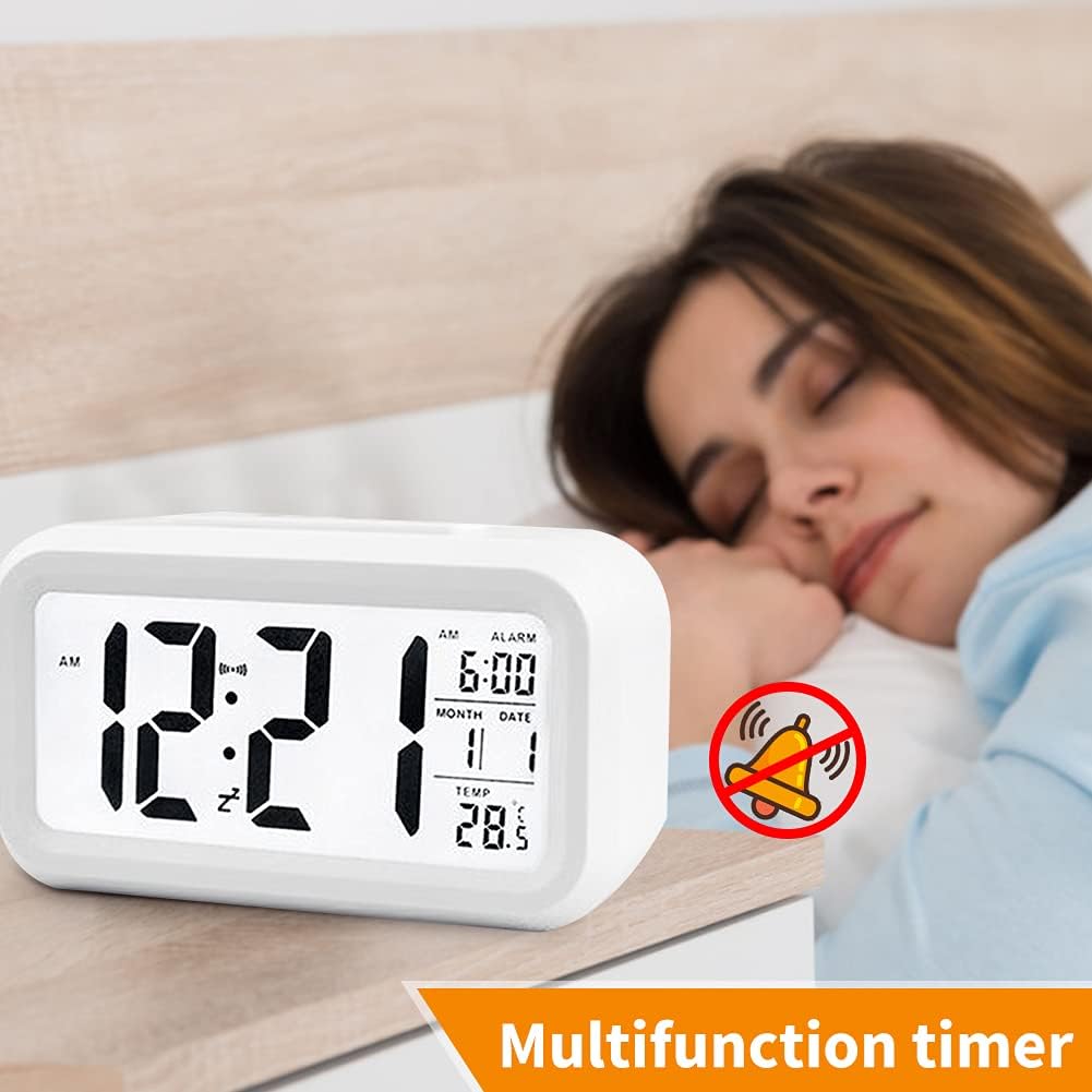Digital Alarm Clock with LCD Display, Desk Smart Electronic Small Clock with Indoor Temperature, Date, Light Sensor, Backlight, Battery Operated, for Home Bedroom Kids Office (White)