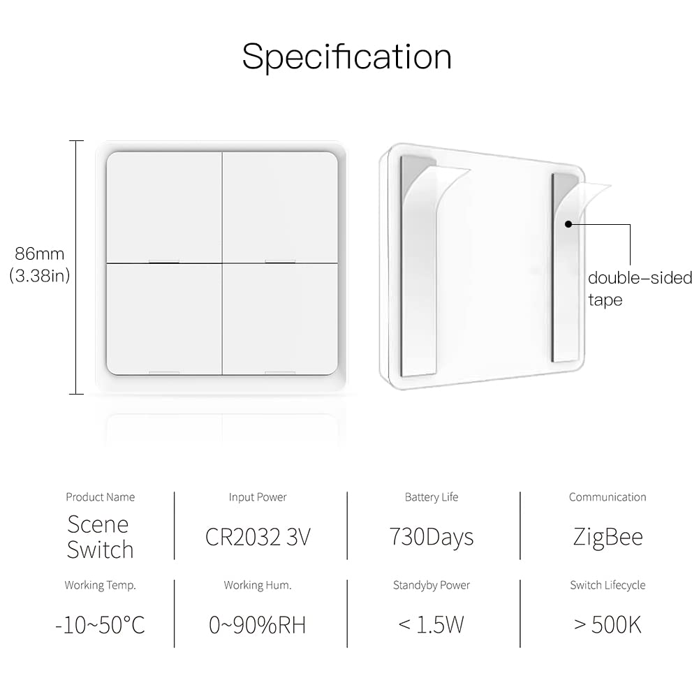 MOES Wireless Smart Scene Switch Button, Require MOES HUB, Zigbee Connection Tuya Battery Powered Included 12 Scene Controller for Smart Home Automation 4 Gang Black