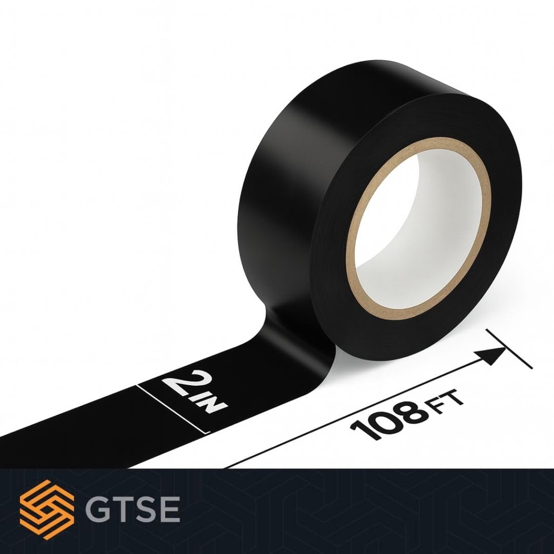 GTSE 2 inch x 108 ft Black PVC Vinyl Floor Tape, Safety Marking Tape, 6 mil Thick, Suitable for Dance Floors, Gyms, Warehouses, Sports Facilities