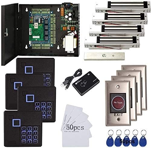 MENGQI-CONTROL 4 Doors Access Control System Infrared No Touch Exit Keypad Scanner 600lbs Electric Magnetic Lock 110V Metal Power Box RFID Reader RFID Card Key Fob(Phone APP remotely Open Door)